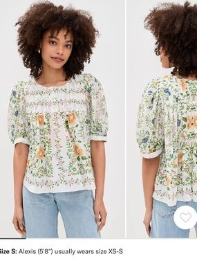 Farm Rio; Folk Floral Off-White Scoop Neck Short Sleeve Blouse, XS